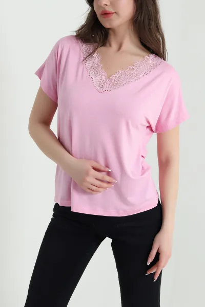 Pembe Dantelli Yaka Viskon Kadın Bluz 454390