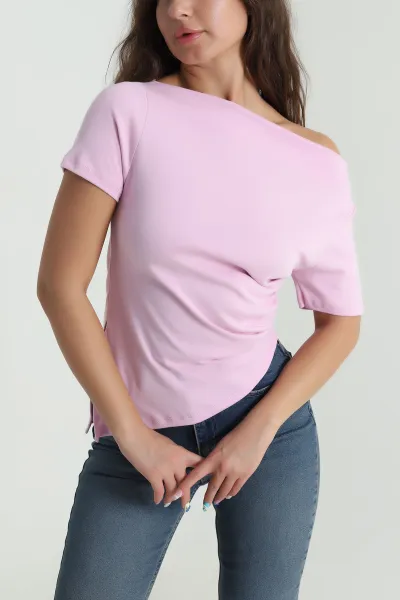 Pembe Degaje Yaka Büzgülü Yırtmaçlı Bluz 481564