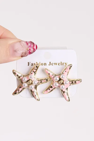 Pembe Deniz Yıldızı Model İncili Küpe 474737