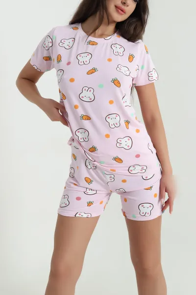 Pembe Desenli Kadın Şortlu Pijama Takımı 466463