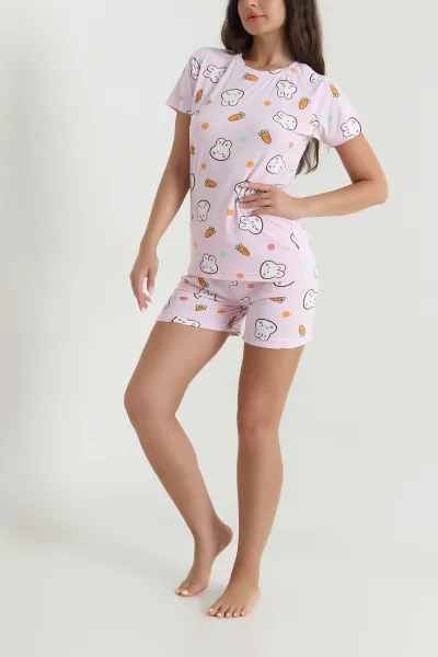 Pembe Desenli Kadın Şortlu Pijama Takımı 466463