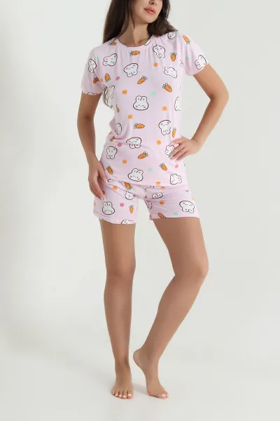Pembe Desenli Kadın Şortlu Pijama Takımı 466463