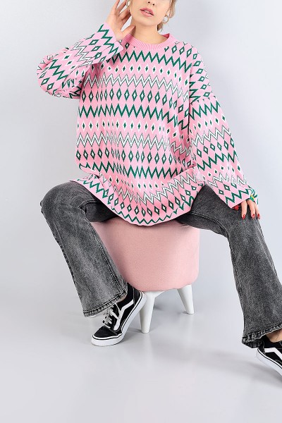 Pembe Desenli Kalın Triko Kazak Tunik 77915