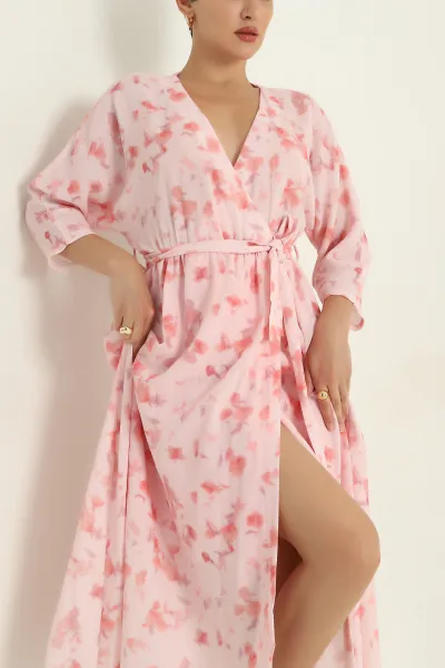 Pembe Desenli Kruvaze Yaka Keten Kadın Elbise 367847