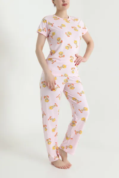 Pembe Desenli Viskon Kadın Pijama Takımı 466620