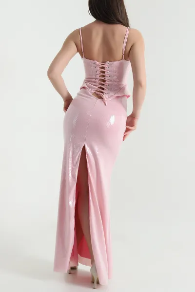 Pembe Destekli Balenli Pul Payet Kadın Abiye 453180