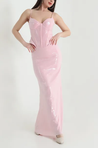 Pembe Destekli Balenli Pul Payet Kadın Abiye 453180