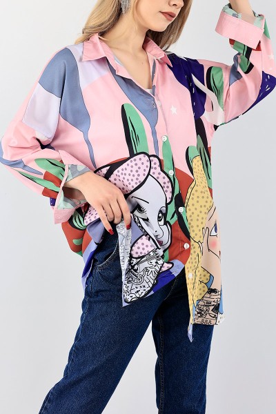 Pembe Dijital Baskılı Bayan Gömlek Tunik 96448