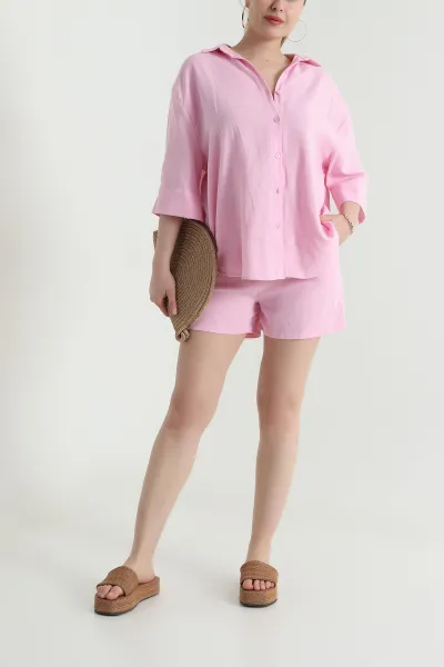 Pembe Dimi Kemerli Şort Gömlek Kadın İkili Takım 466007