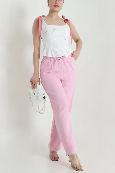 Pembe Dimi kumaş Beli Lastikli Kadın Pantolon 470566