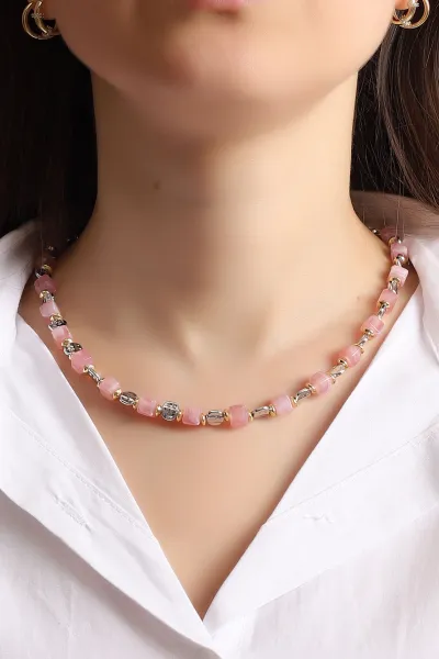 Pembe Doğal Kare Taşlı Kolye 354568