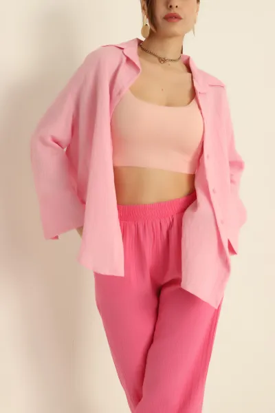 Pembe Dokuma Balık Sırtı Bayan Gömlek 279832