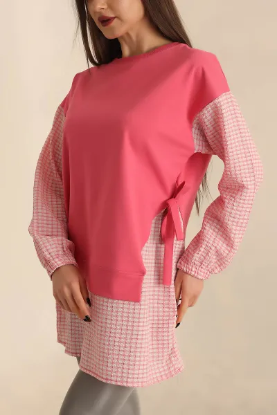 Pembe Dokuma Kol Garnili İki İp Tunik 245349
