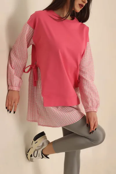 Pembe Dokuma Kol Garnili İki İp Tunik 245349
