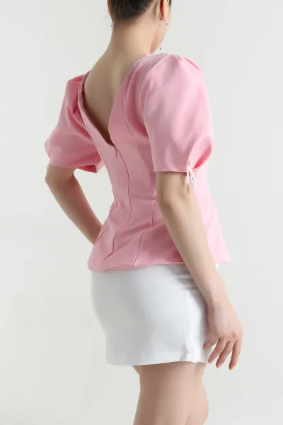 Pembe Double Kumaş Balon Kol Kadın Bluz 455909