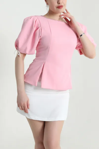 Pembe Double Kumaş Balon Kol Kadın Bluz 455909
