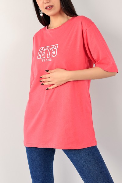 Pembe Duble Kol Baskılı Bayan Tişört 100132