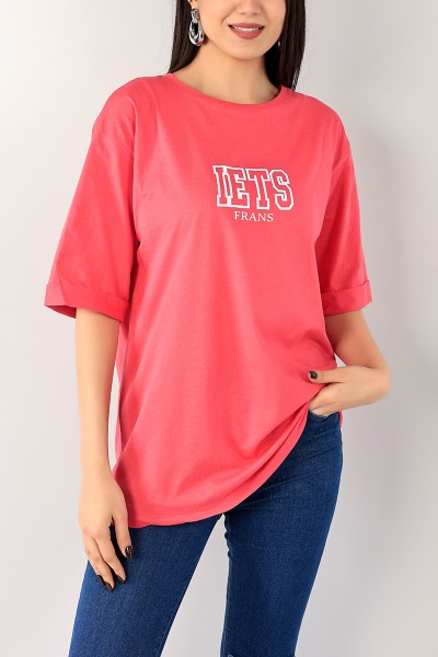 Pembe Duble Kol Baskılı Bayan Tişört 100132