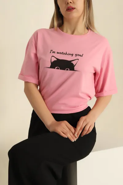 Pembe Duble Kol Baskılı Bayan Tişört 266408