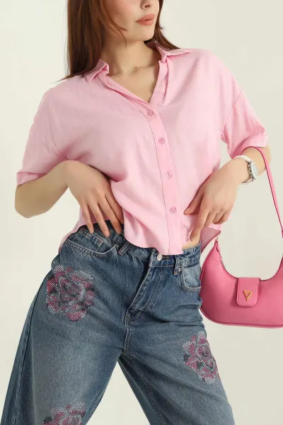 Pembe Duble Kol Keten Kadın Gömlek 363454