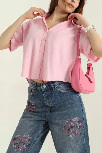 Pembe Duble Kol Keten Kadın Gömlek 363454