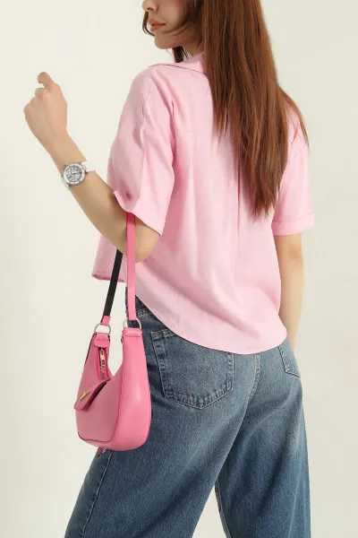 Pembe Duble Kol Keten Kadın Gömlek 363454