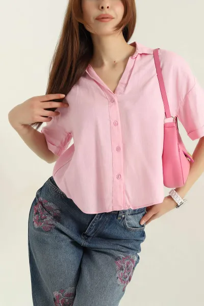 Pembe Duble Kol Keten Kadın Gömlek 363454