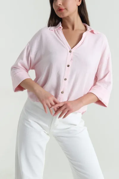 Pembe Duble Kol Keten Kadın Gömlek 464719