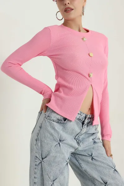 Pembe Düğme Detay Ottoman Kadın Bluz 389608