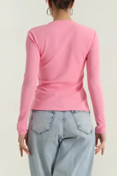 Pembe Düğme Detay Ottoman Kadın Bluz 389608