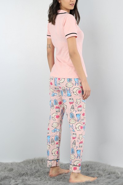 Pembe Düğmeli Baskılı Bayan Pijama Takımı 54998