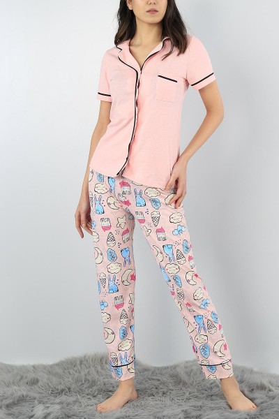 Pembe Düğmeli Baskılı Bayan Pijama Takımı 54998