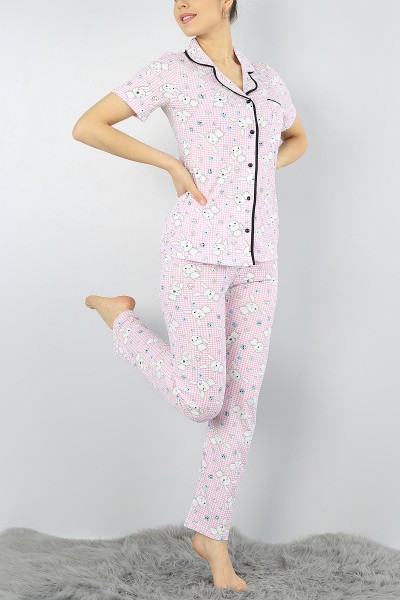 Pembe Düğmeli Bayan  Baskılı Pijama Takımı 54960