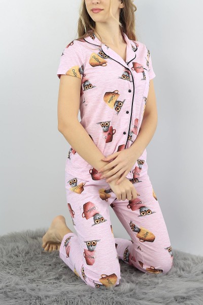 Pembe Düğmeli Bayan Baskılı Pijama Takımı 54966