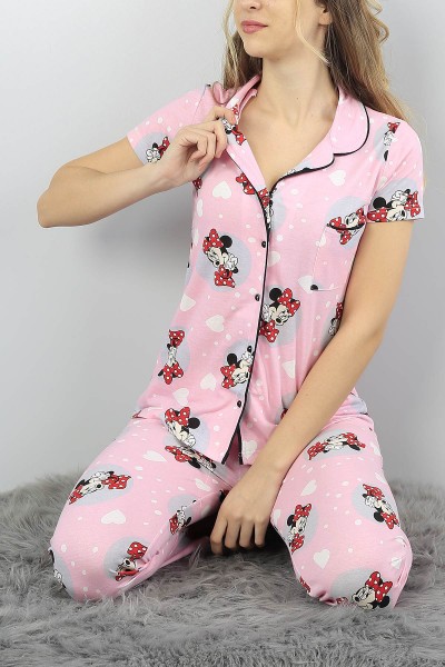 Pembe Düğmeli Bayan  Baskılı Pijama Takımı 54989