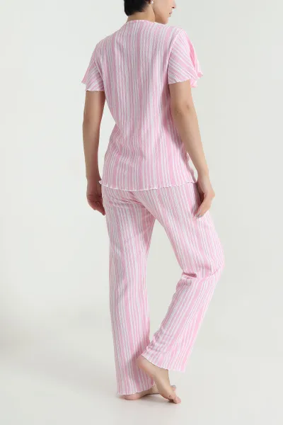 Pembe Düğmeli Bürümcük Kadın Pijama Takımı 479561