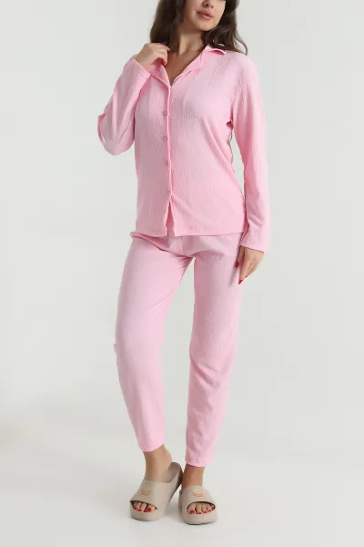 Pembe Düğmeli Bürümcük Kadın Pijama Takımı 494448