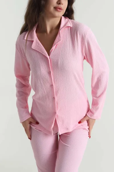 Pembe Düğmeli Bürümcük Kadın Pijama Takımı 494448