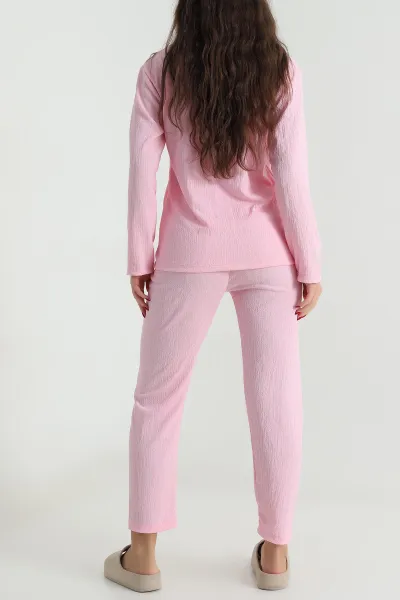 Pembe Düğmeli Bürümcük Kadın Pijama Takımı 494448