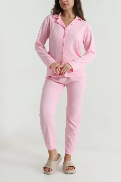 Pembe Düğmeli Bürümcük Kadın Pijama Takımı 494448