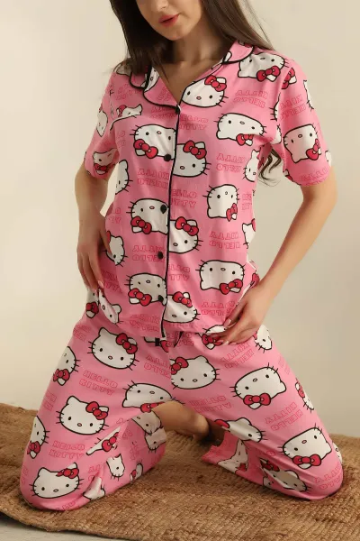 Pembe Düğmeli Desenli Bayan Pijama Takımı 258527