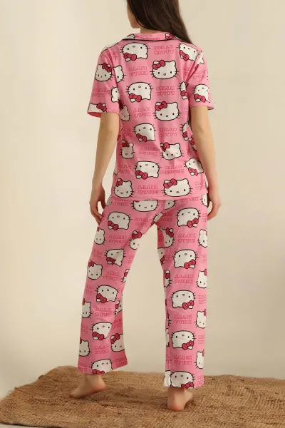 Pembe Düğmeli Desenli Bayan Pijama Takımı 258527