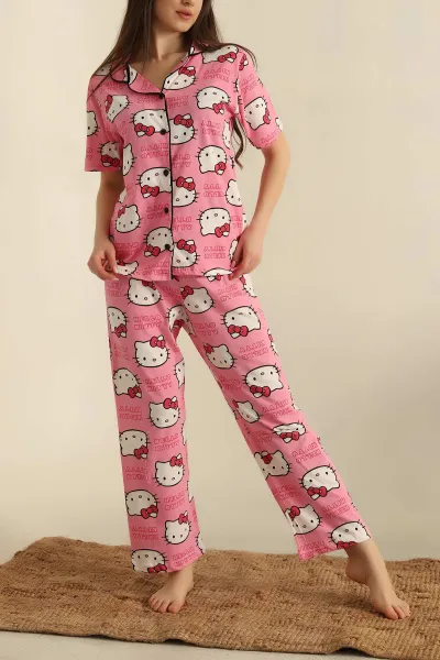 Pembe Düğmeli Desenli Bayan Pijama Takımı 258527