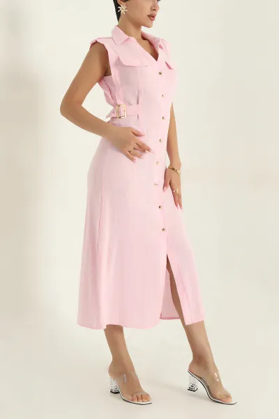 Pembe Düğmeli Kadın Keten Elbise 376349