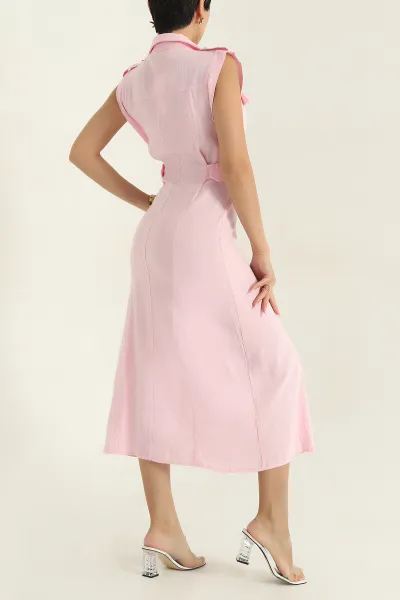 Pembe Düğmeli Kadın Keten Elbise 376349