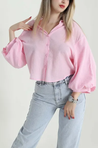 Pembe Düğmeli Keten Kadın Gömlek 471722