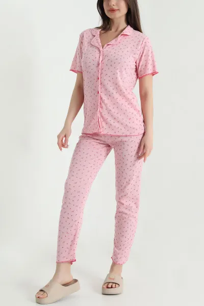 Pembe Düğmeli Kısa Kollu Kadın Pijama Takımı 454584