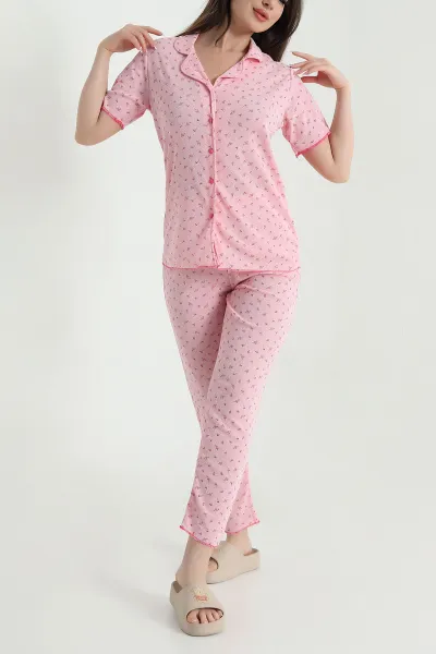 Pembe Düğmeli Kısa Kollu Kadın Pijama Takımı 454584