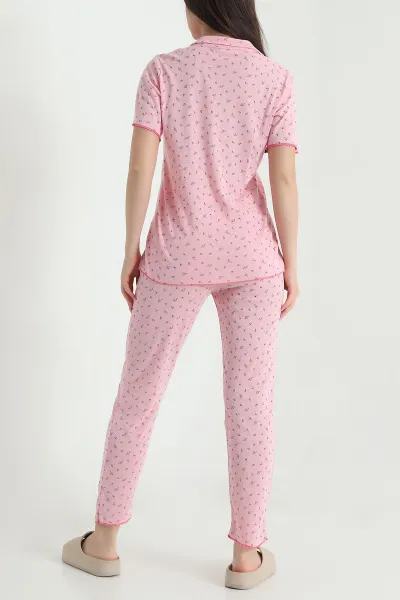 Pembe Düğmeli Kısa Kollu Kadın Pijama Takımı 454584
