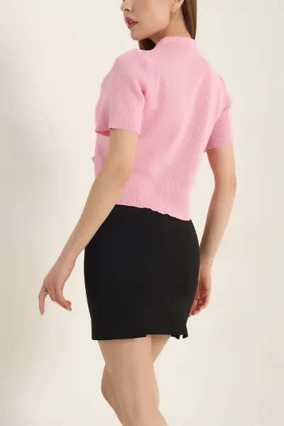 Pembe Düğmeli Kısa Kollu Triko Hırka 337475